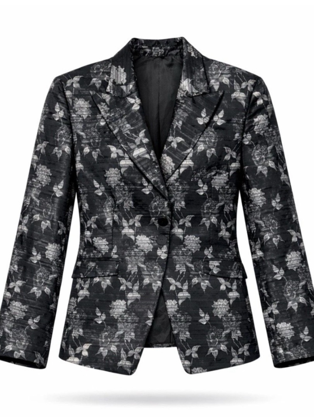 Zanella Chloe Floral Brocade Blazer Jacket Black Silver Size 14 Italy Silk Blend